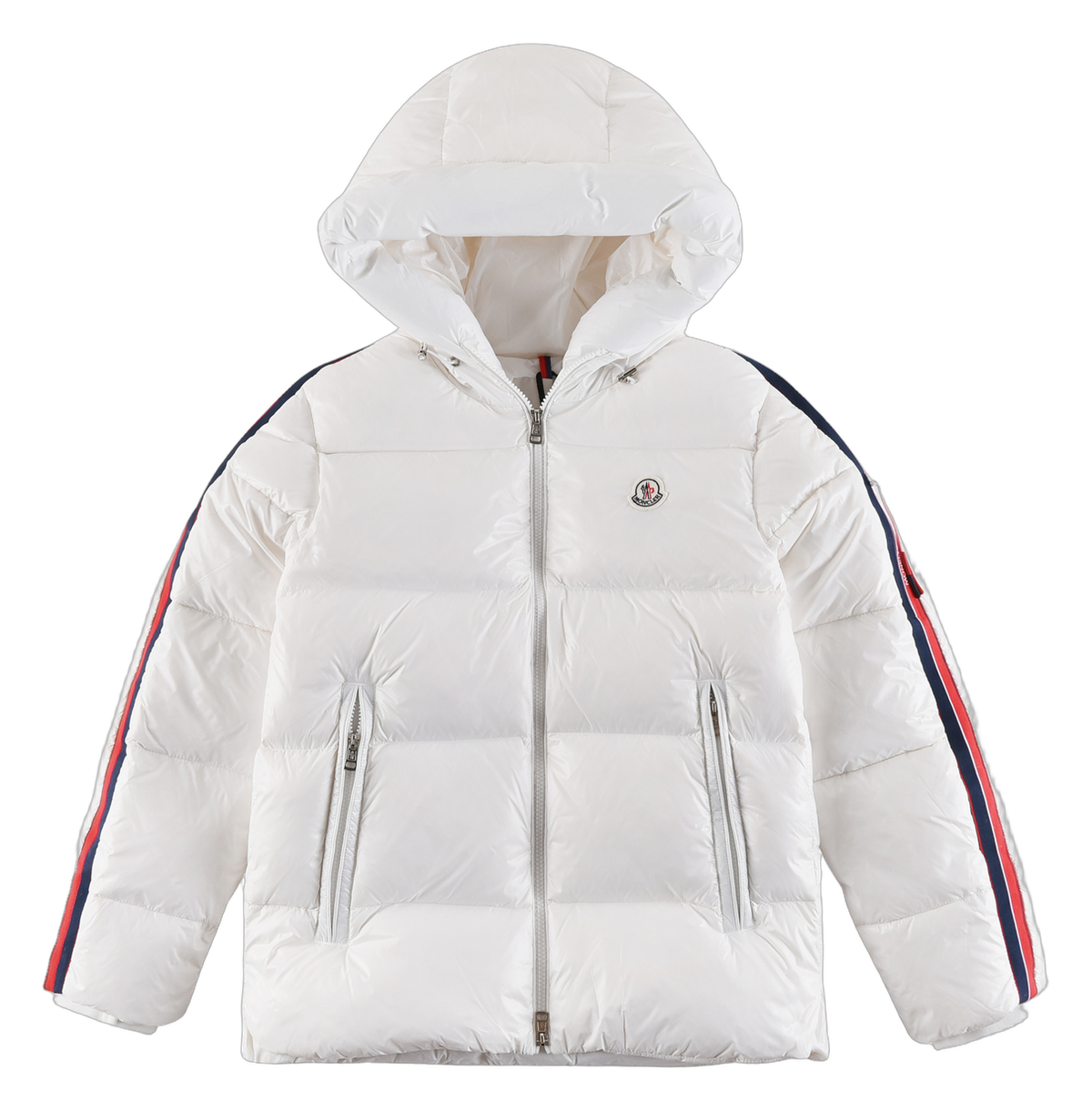 Moncler Tricolour Sleeve-Stripe Hooded Puffer Jacket – White