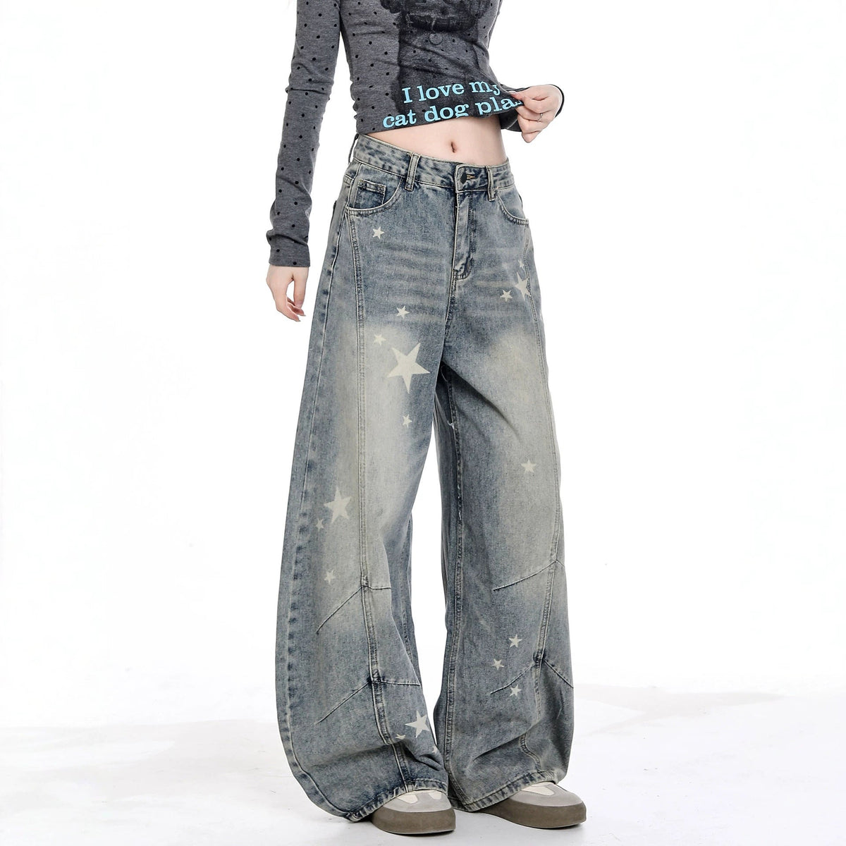 Vintage Star Print Curved Wide Leg Baggy Floor‑Length Denim Jeans