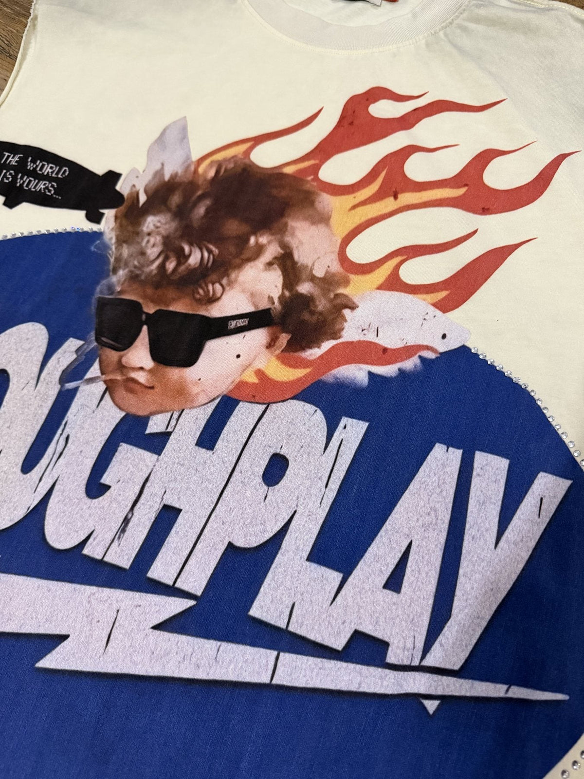 Rough Play Face & Flame Sleeveless T-Shirt