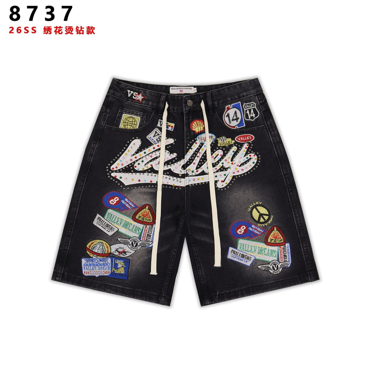 VALE SPORTS DIVISION Patch Embroidered Studded Denim Shorts