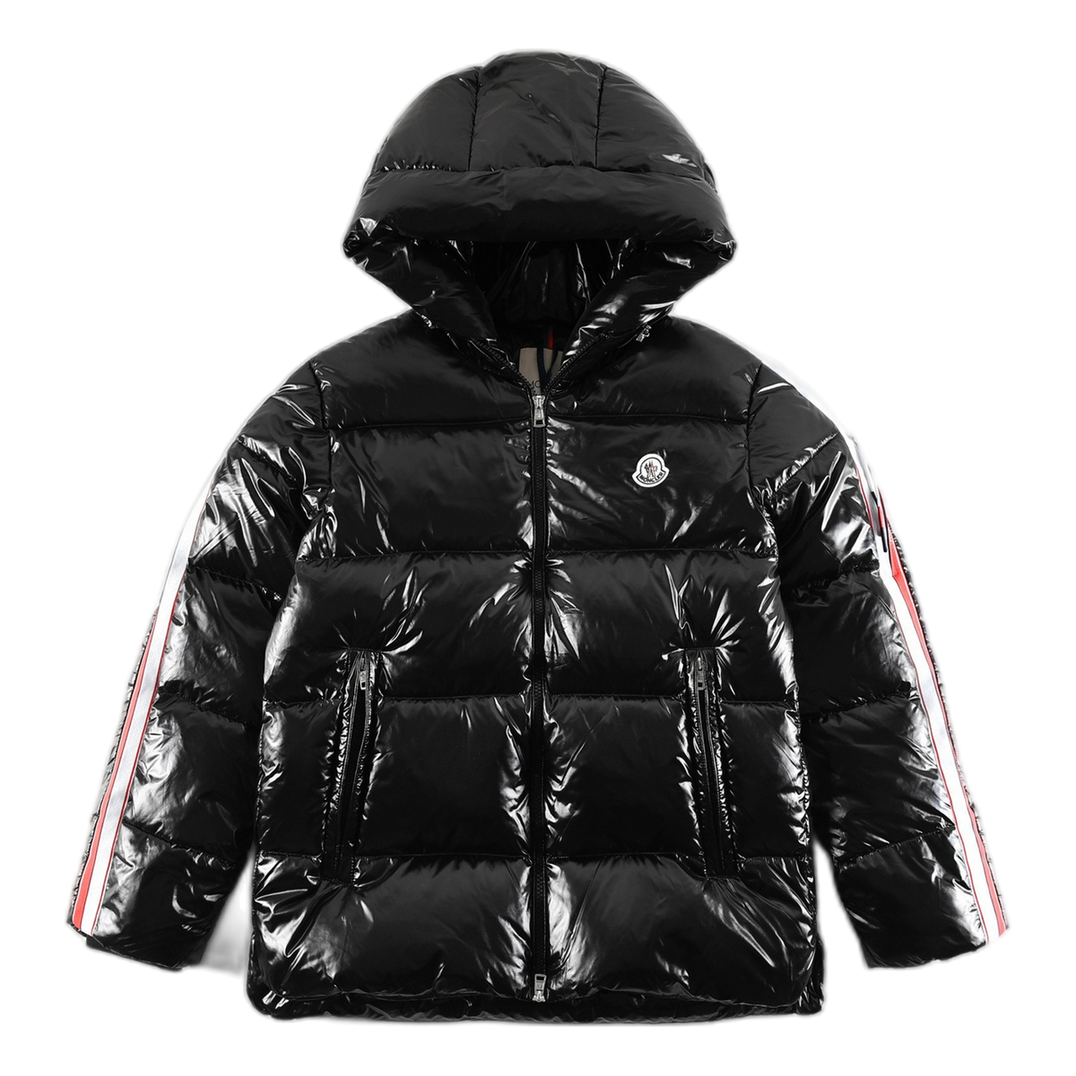 Moncler Tricolour Sleeve-Stripe Glossy Hooded Puffer – Icon