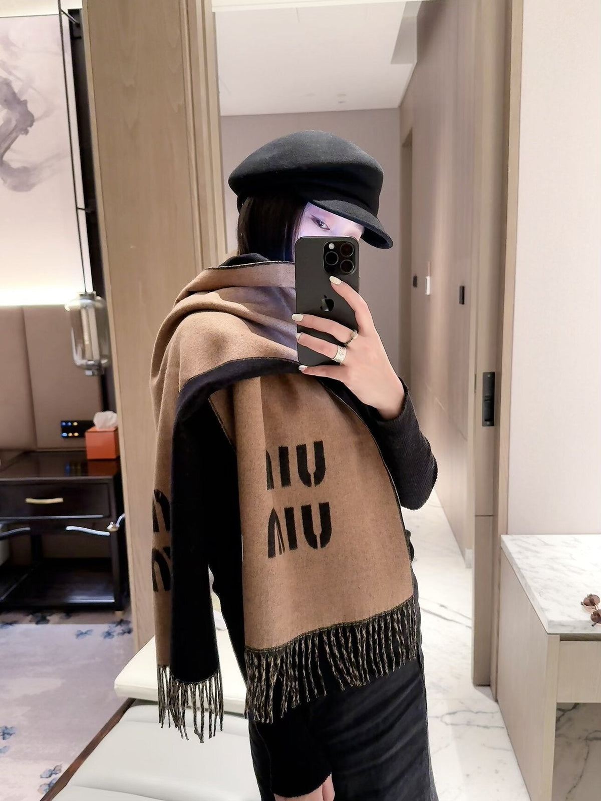 Miu Miu Style Oversized Logo Fringe Scarf