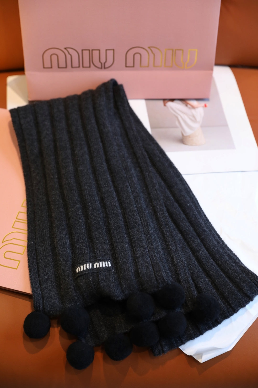 Miu Miu Style Pom-Pom Rib-Knit Scarf