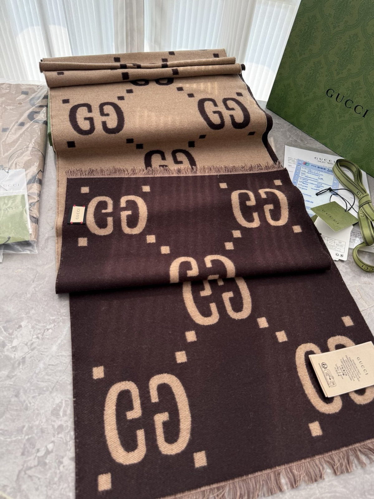 Gucci Dark Brown & Beige Fringed Scarf