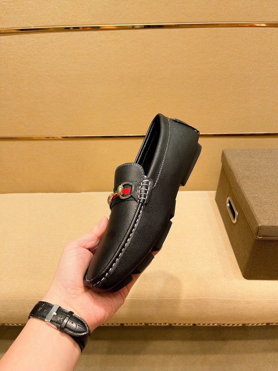 Gucci Black Loafers with Red and Green Strap