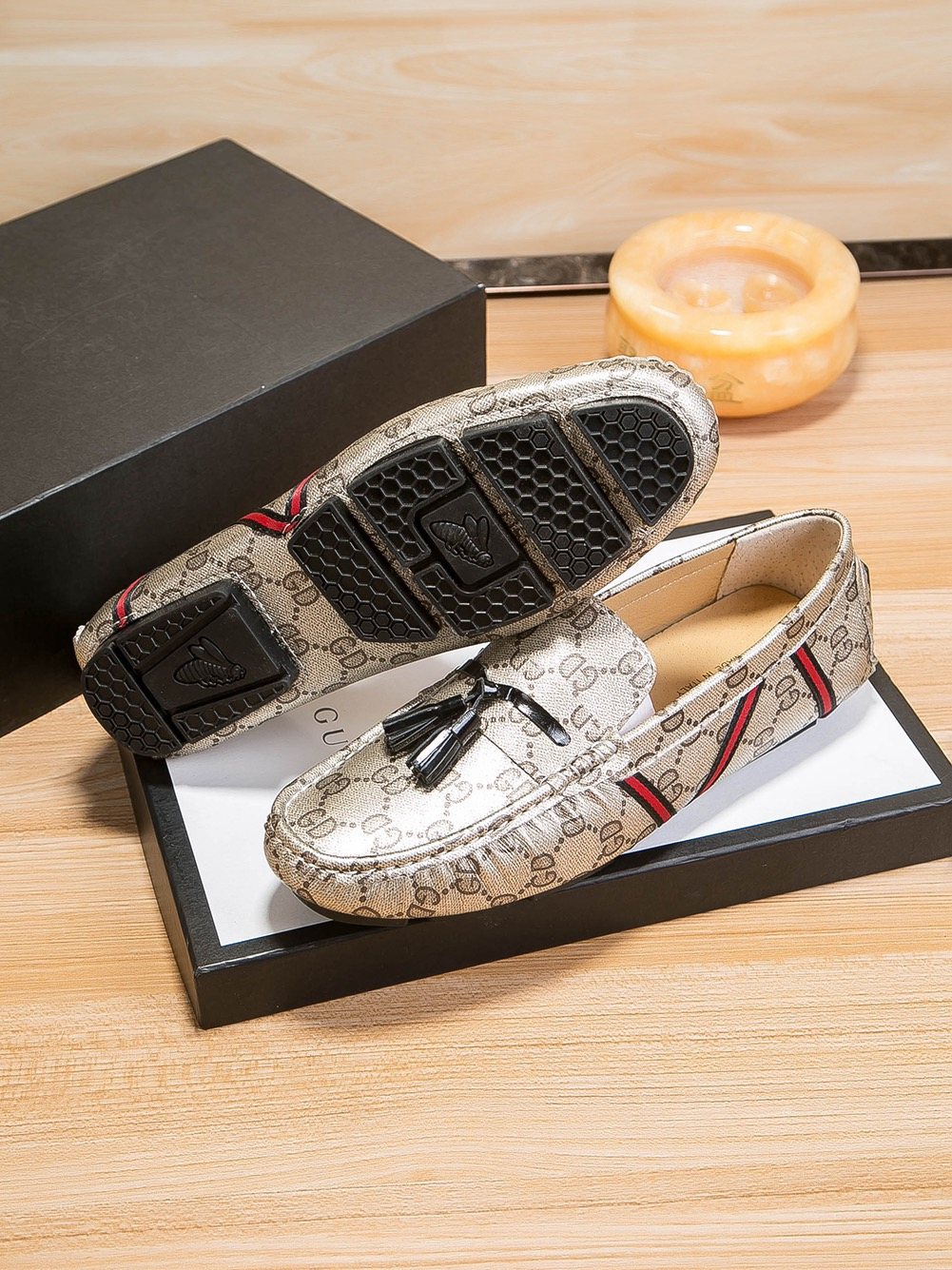 Gucci Monogram Stripe Tassel Loafers