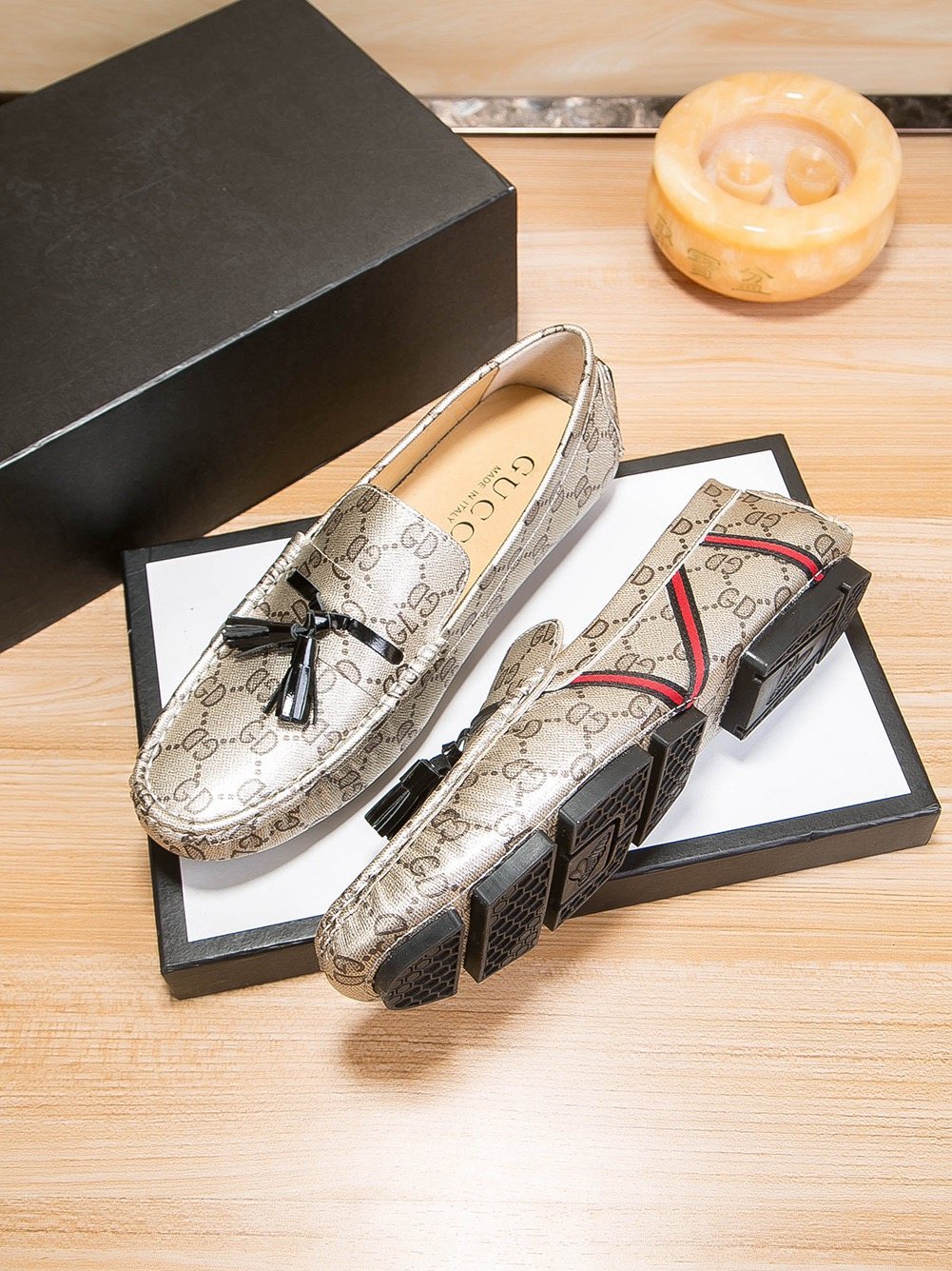 Gucci Monogram Stripe Tassel Loafers