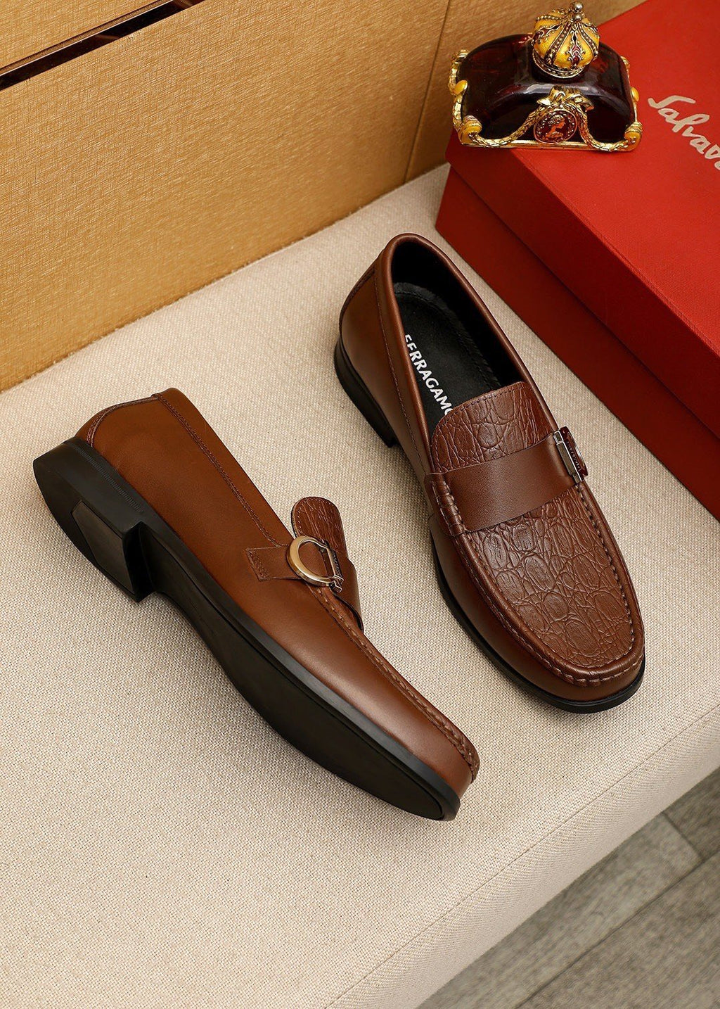 Ferragamo Embossed Buckle Loafers